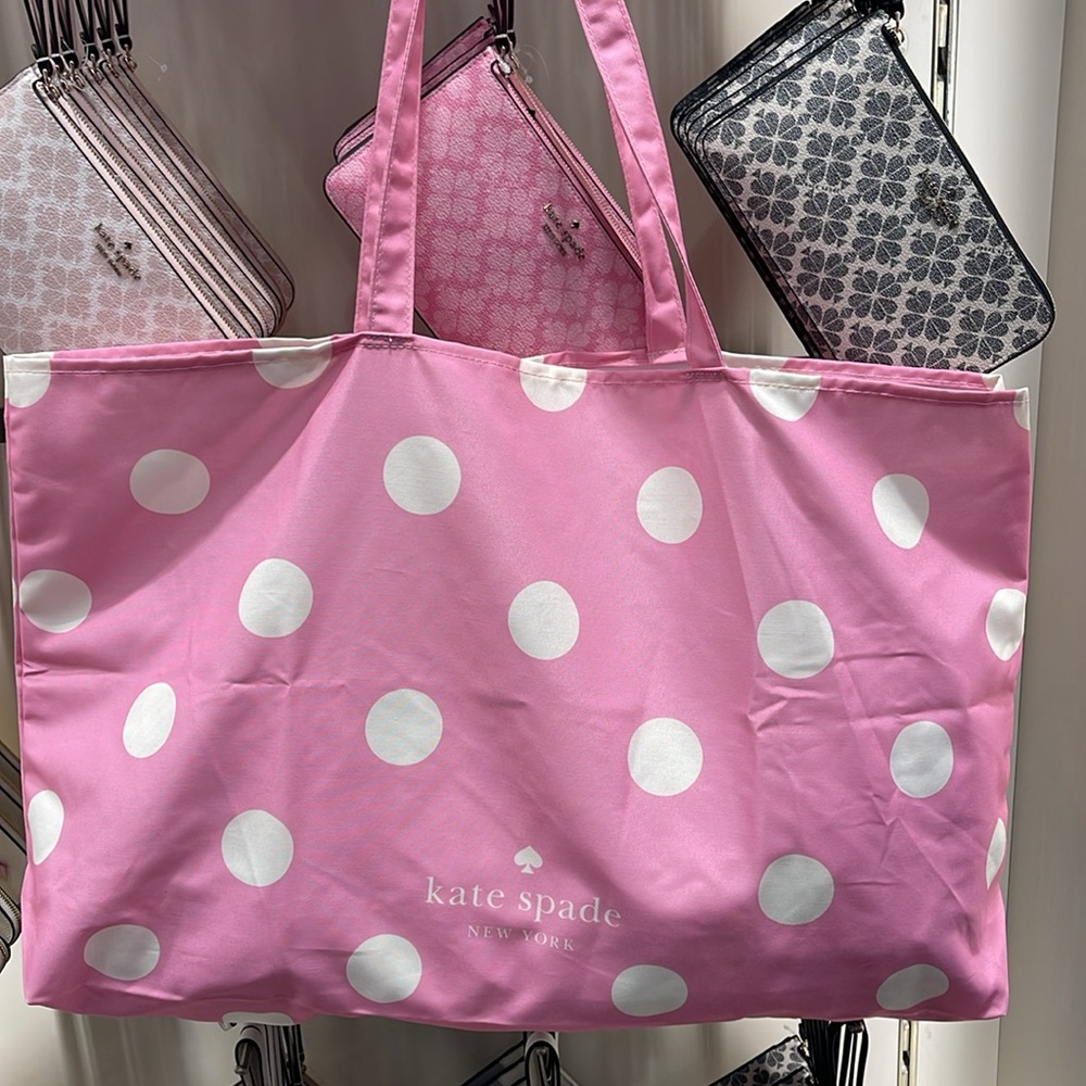 Kate Spade Soft Pink-White Polka Dots Canvas Tote XL Reusable Shopping Beach Bag - Picture 15 of 16